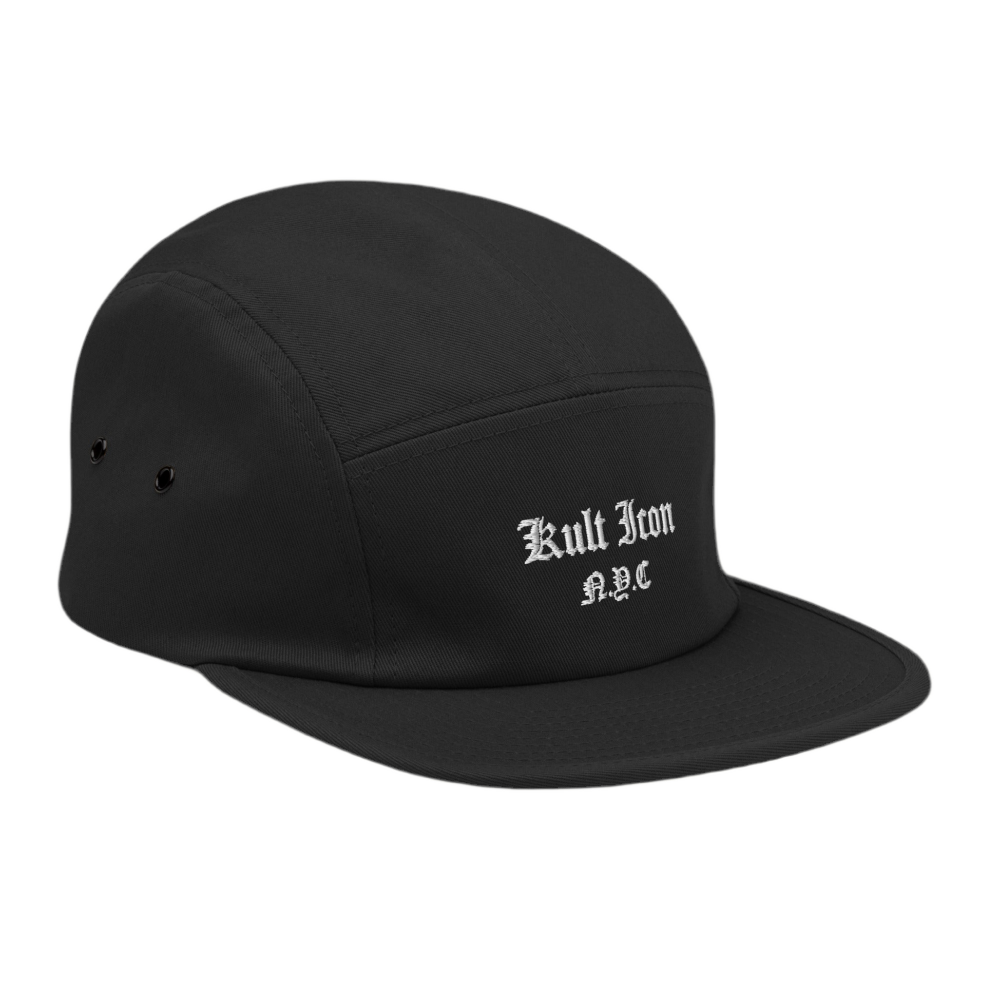 Black cap with 'Kult Iron N.Y.C.' text on a white background