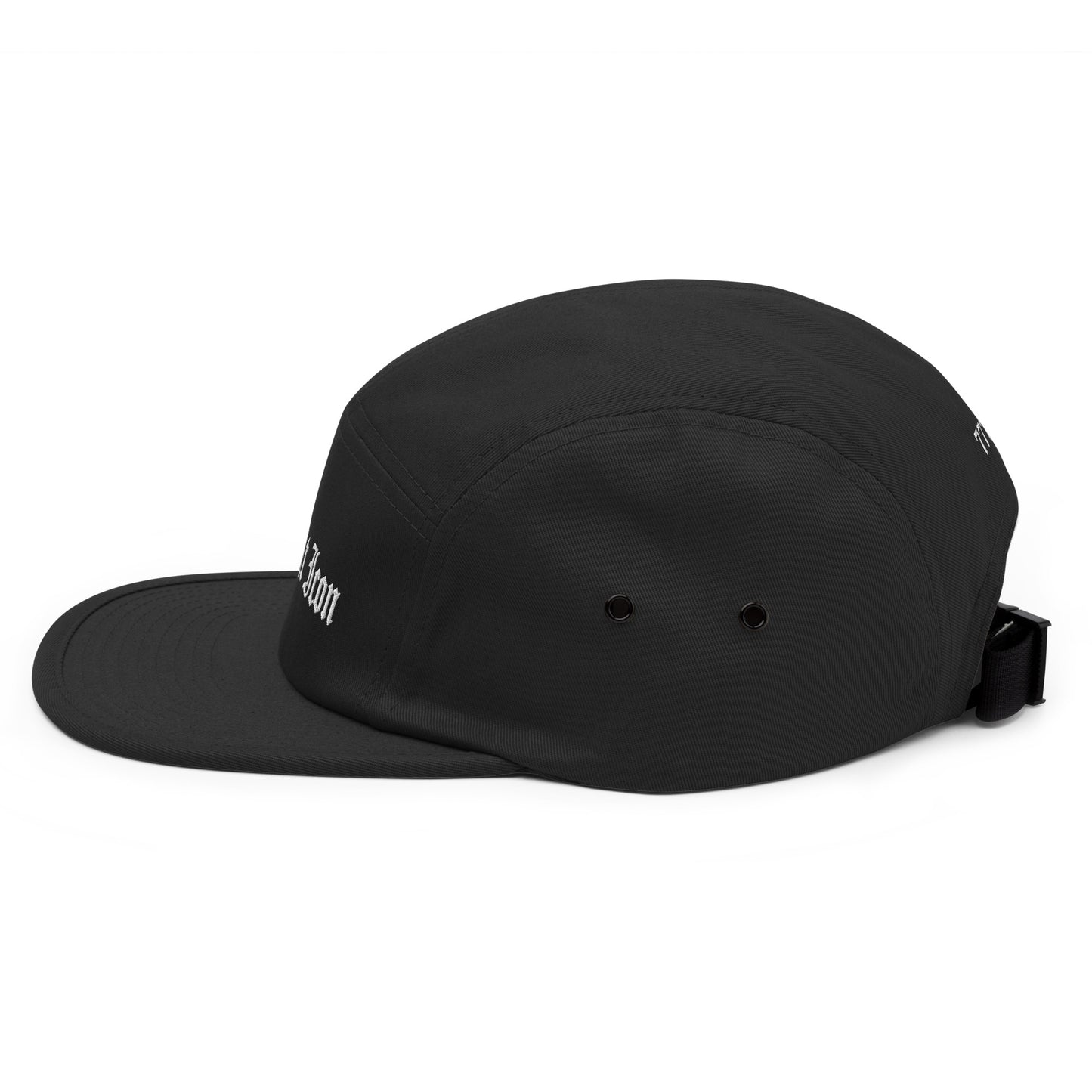 Black cap with a brand logo on a white background