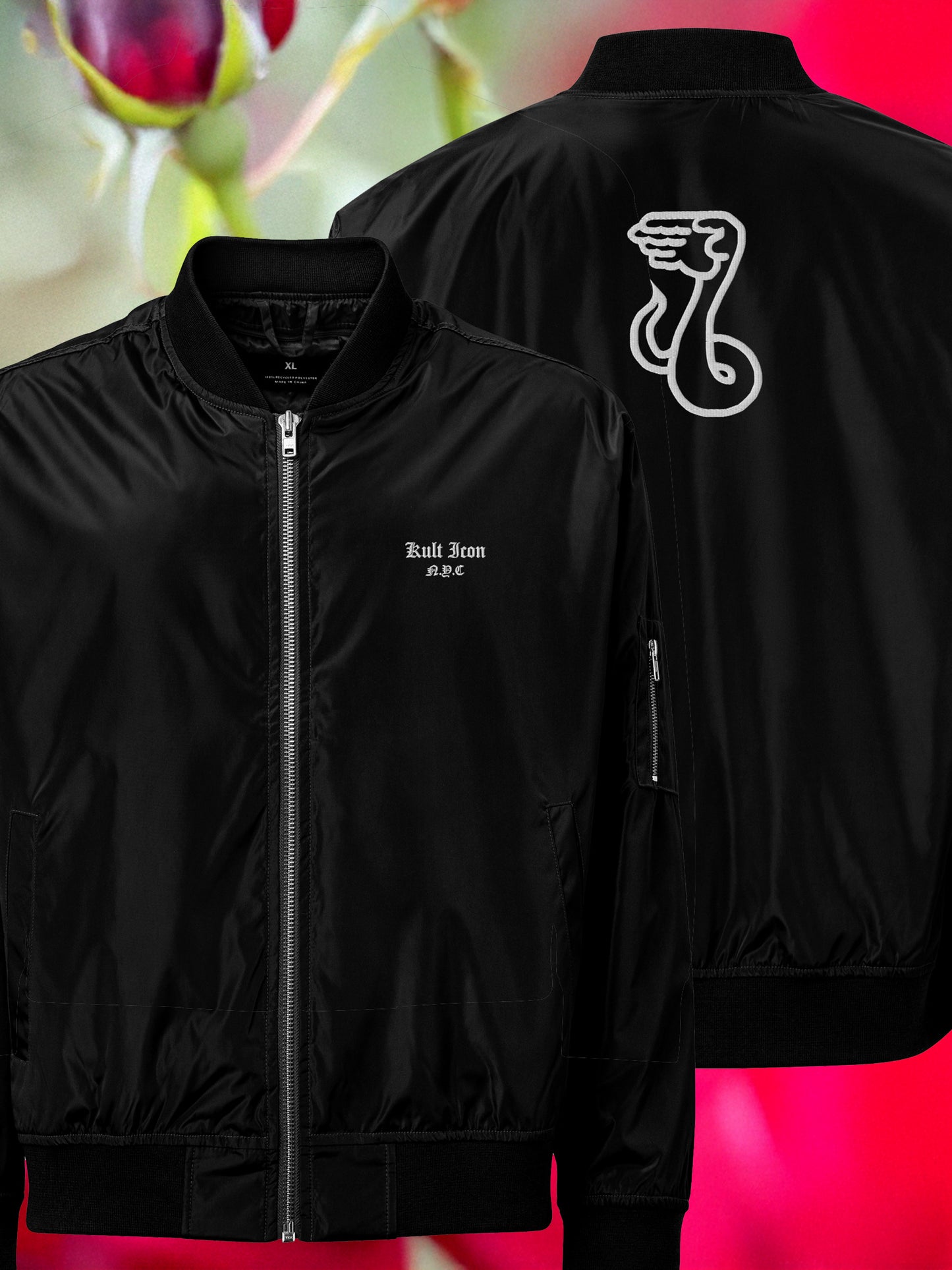 Black jacket with a logo on the back against a colorful background