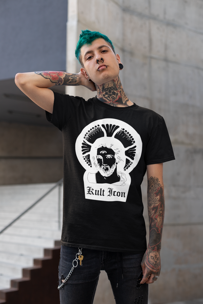 Person wearing a black t-shirt with a white graphic design in an urban setting