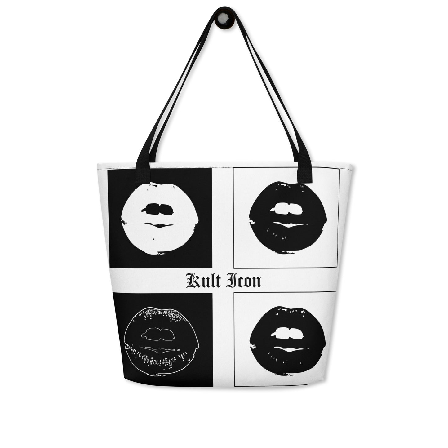 Tote bag with black and white graphic design featuring lips and text on a white background