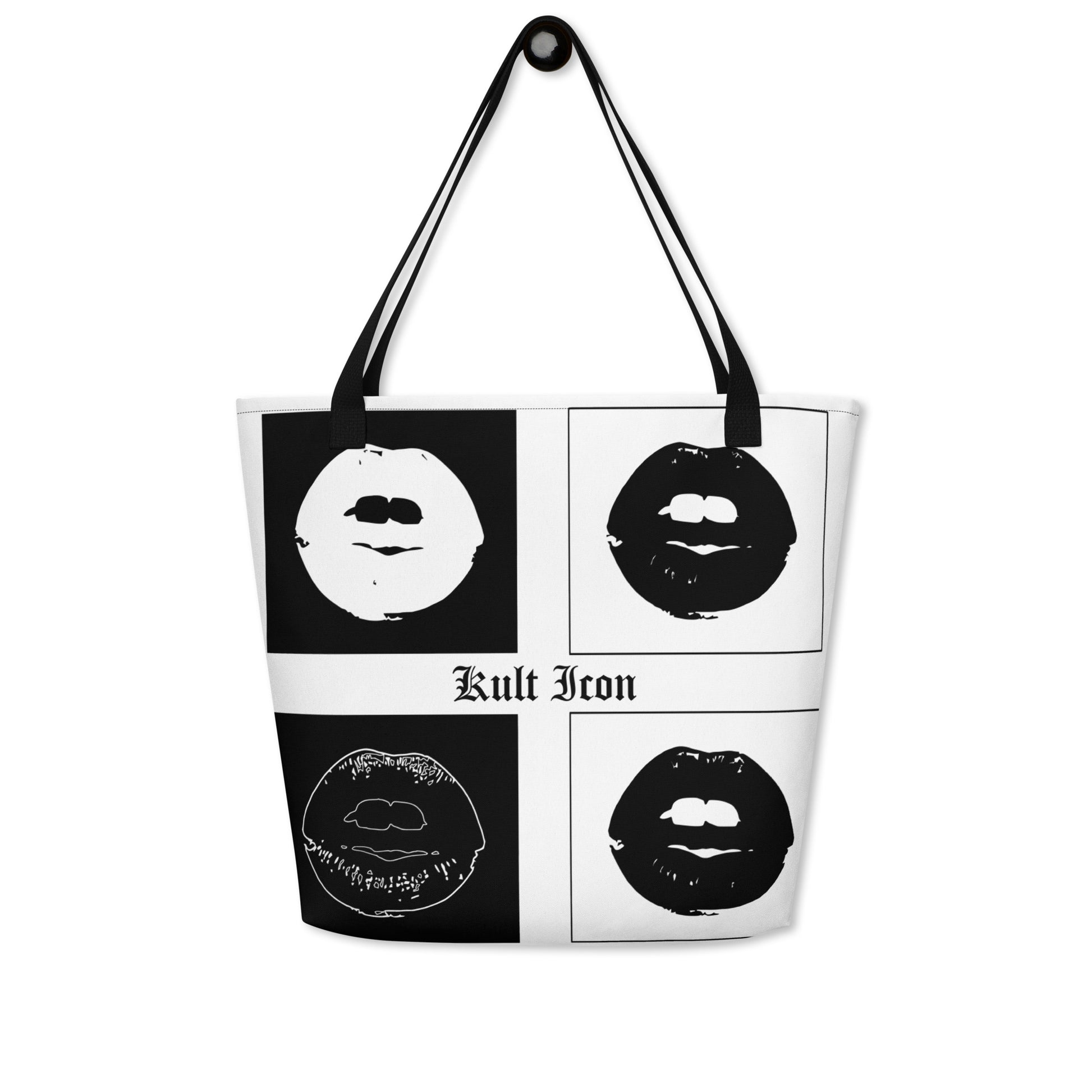 Tote bag with black and white graphic design featuring lips and text on a white background