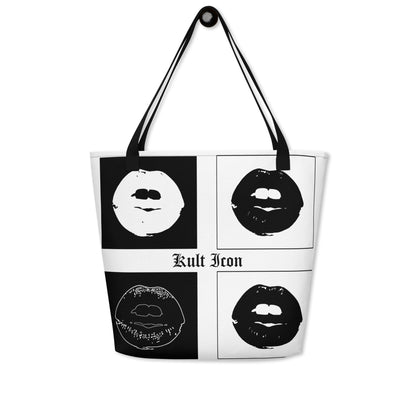 Tote bag with black and white graphic design featuring lips and text on a white background