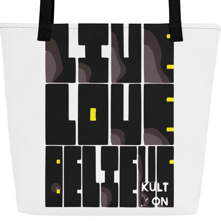 Tote bag with black and white geometric design and 'KULT' branding on a white background