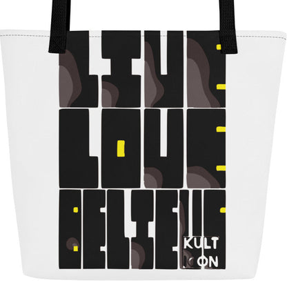 Tote bag with black and white geometric design and 'KULT' branding on a white background