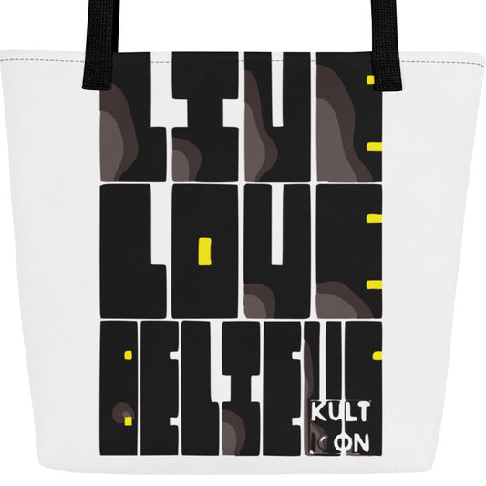 Tote bag with black and white geometric design and 'KULT' branding on a white background