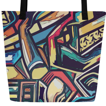 Colorful abstract patterned tote bag with black handles on a white background