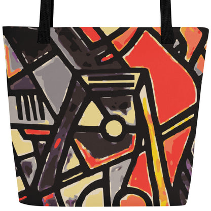 Tote bag with abstract geometric design featuring red, black, and yellow colors on a white background.