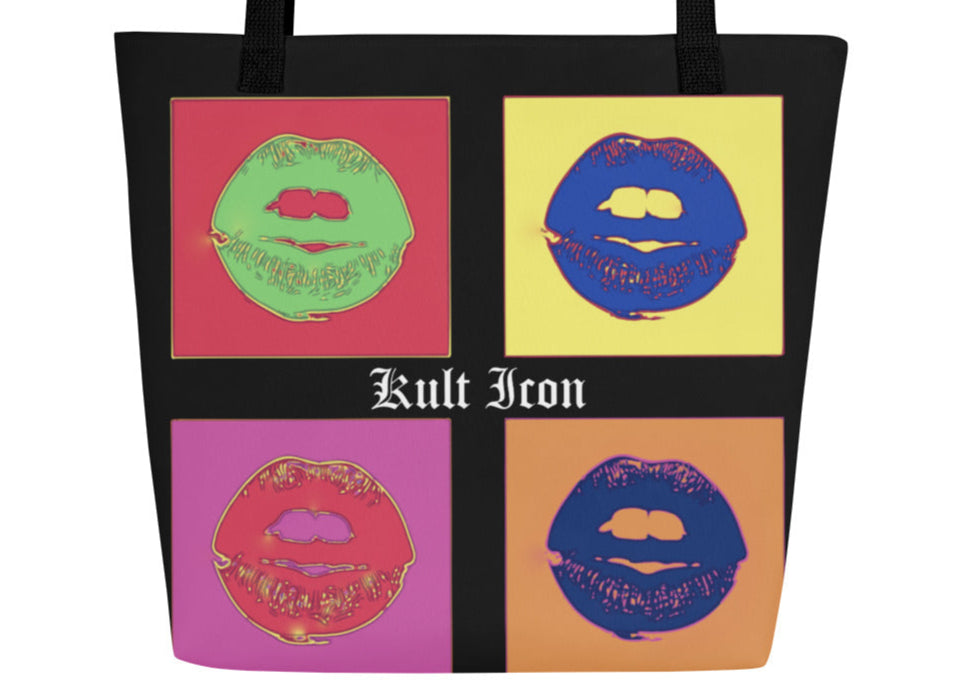 Black tote bag with colorful graphic designs and 'Kult Icon' text.