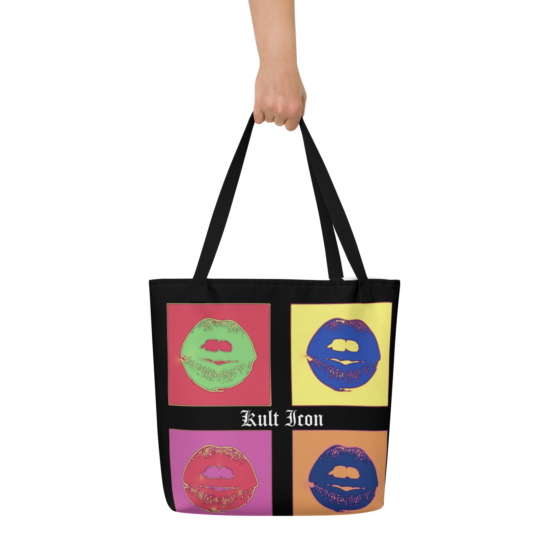 Tote bag with colorful lip prints and 'Kult Icon' text on a white background