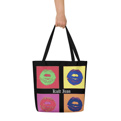 Tote bag with colorful lip prints and 'Kult Icon' text on a white background