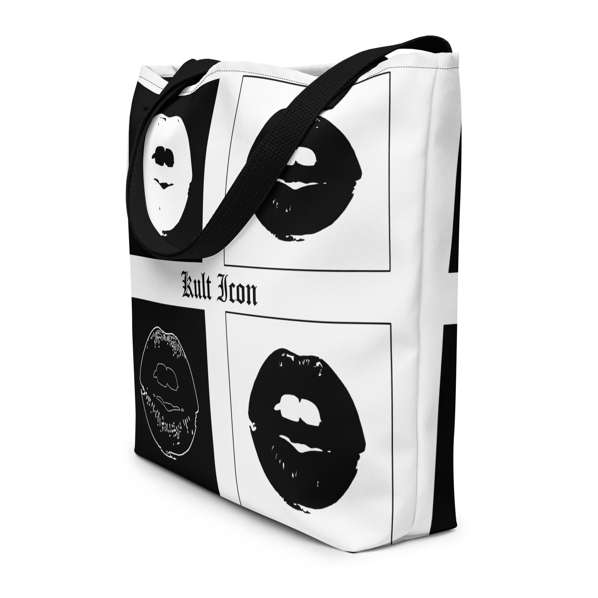 Tote bag with black and white designs on a white background