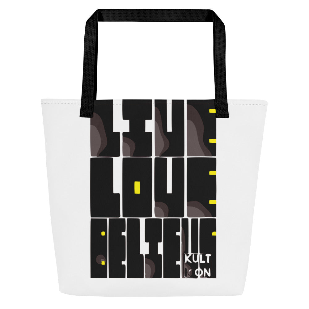 Tote bag with black and yellow design on a white background