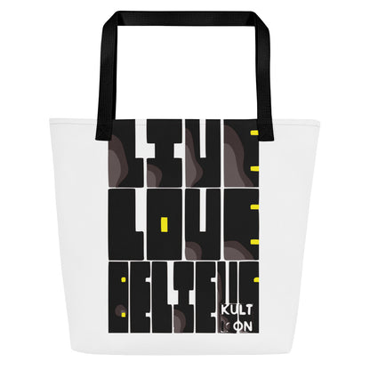 Tote bag with black and yellow design on a white background