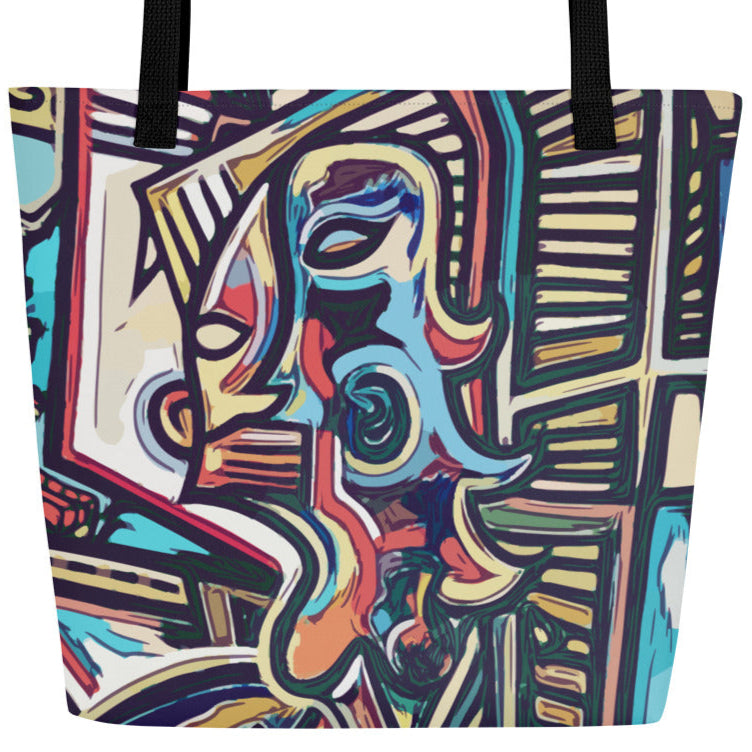Colorful abstract design tote bag with black handles on a white background