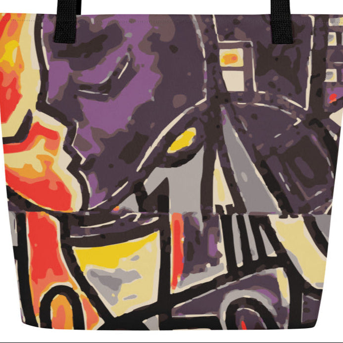 Colorful abstract design tote bag with black handles