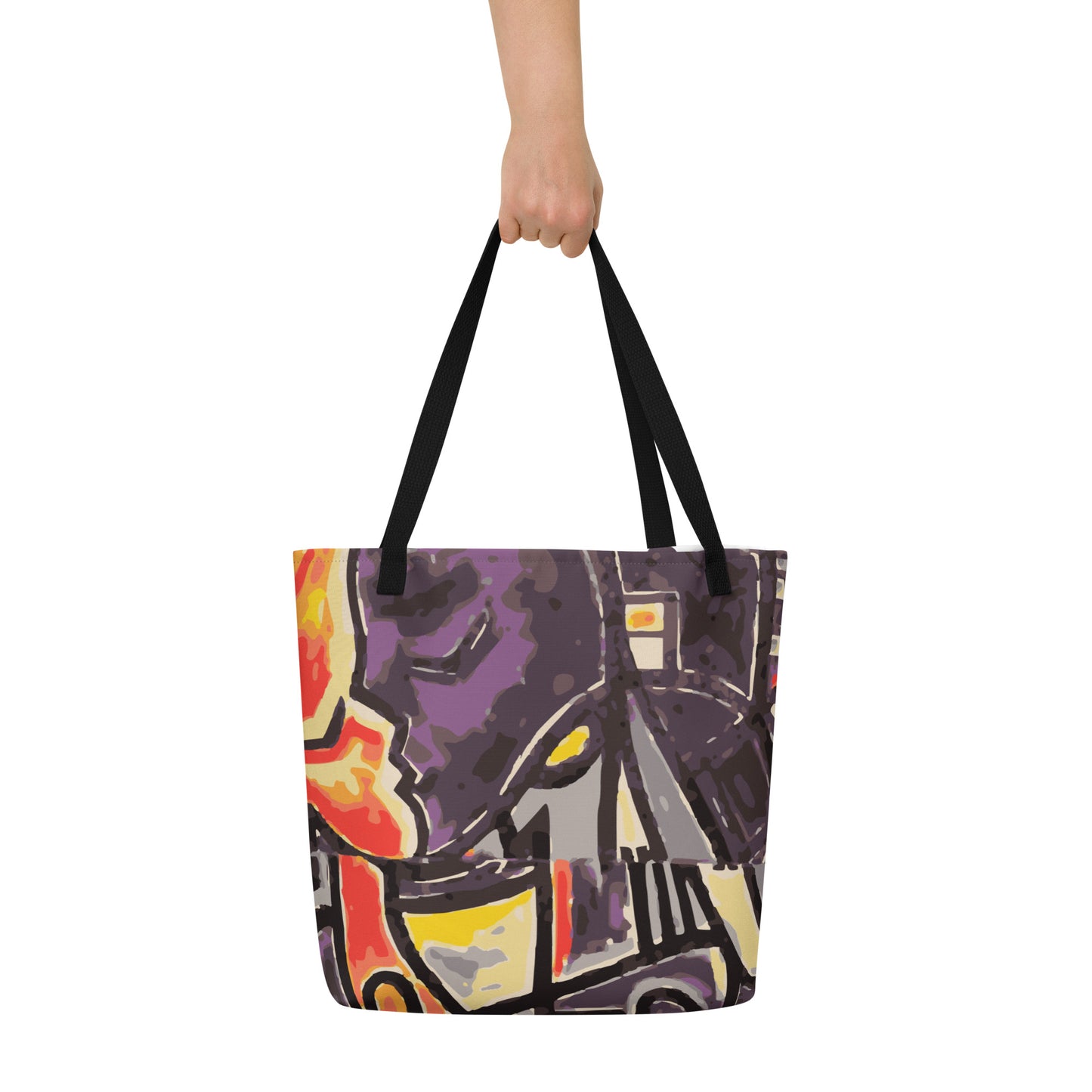 Tote bag with abstract design held by a person on a white background