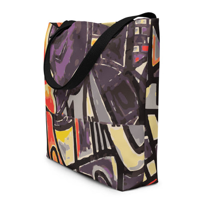 Colorful abstract-patterned tote bag on a white background