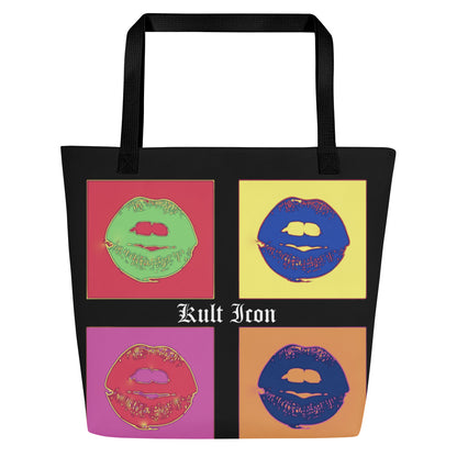 Black tote bag with colorful graphic designs and 'Kult Icon' text on a white background