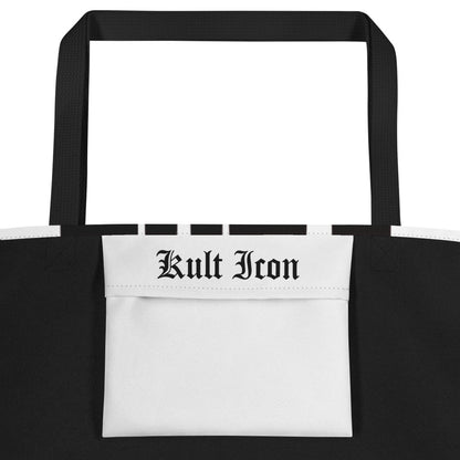 Black tote bag with 'Kult Icon' branding on a white background