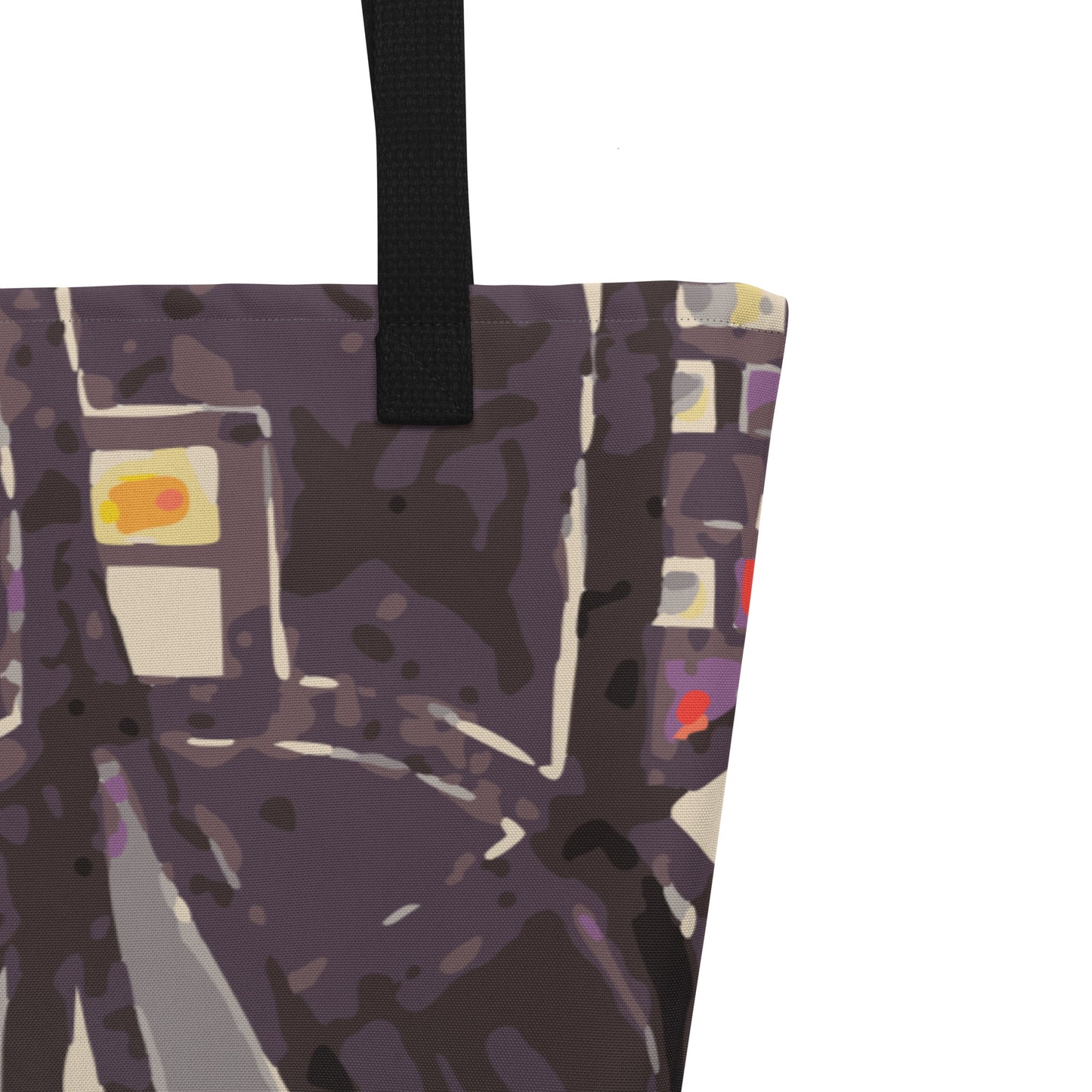 Tote bag with a purple abstract design on a white background
