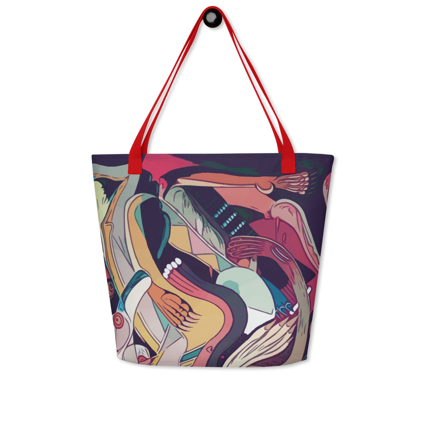 Colorful tote bag with abstract design and red handles on a white background