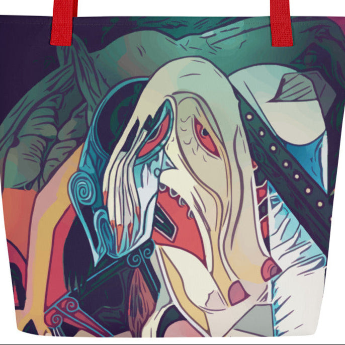 Colorful tote bag with an abstract design of a character with long hair and a helmet.