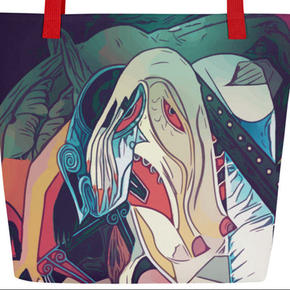 Colorful tote bag with an abstract design of a character with long hair and a helmet.