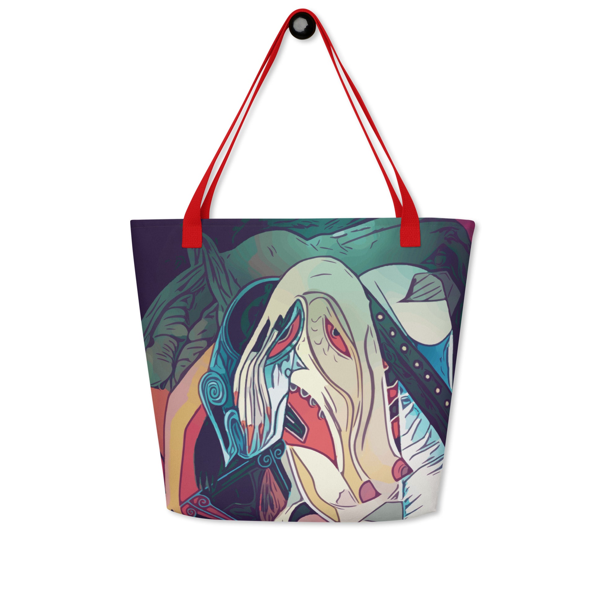 Tote bag with abstract design and red handles on a white background