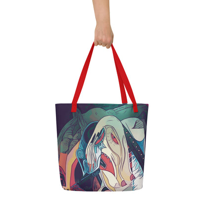 Tote bag with a colorful design held by a person against a white background