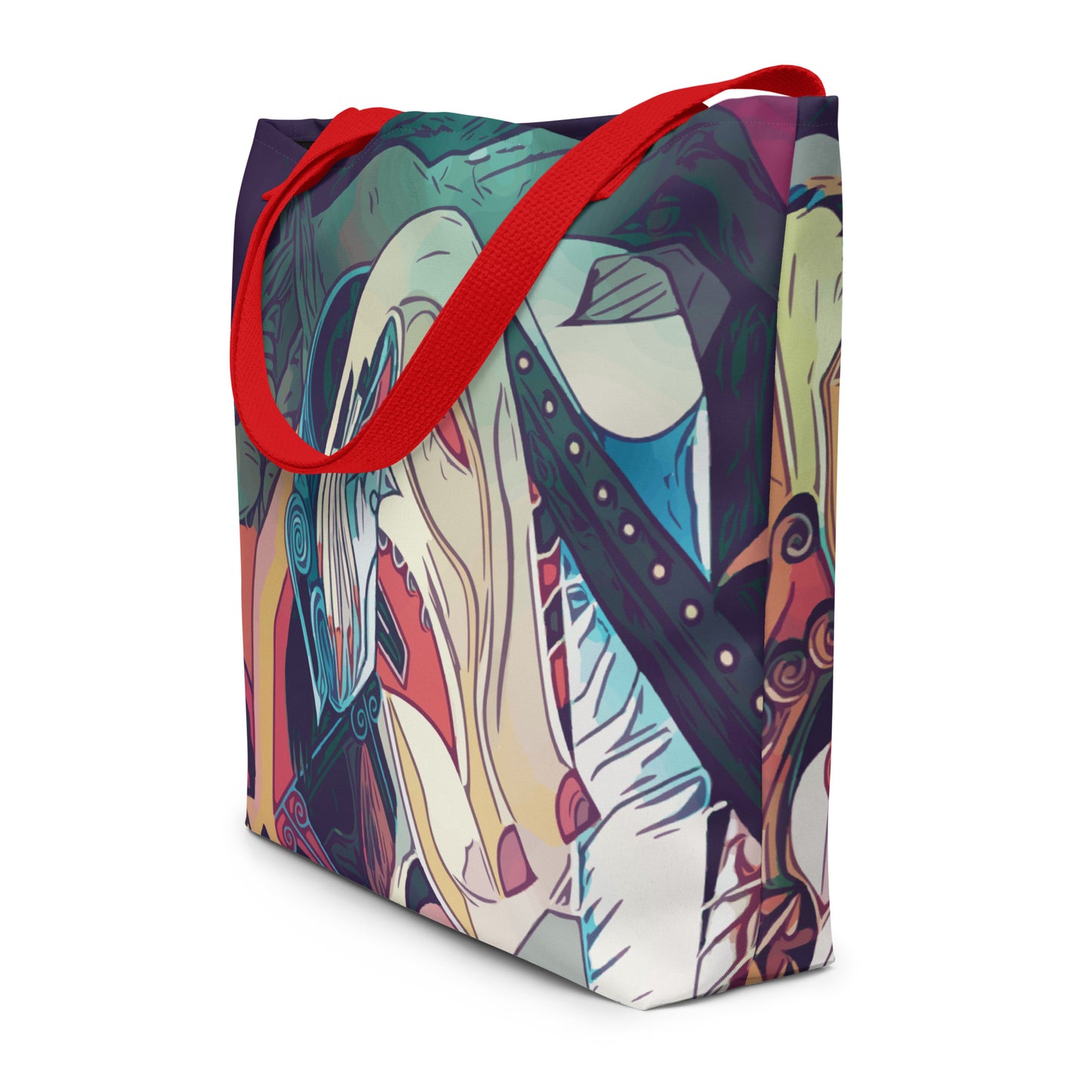 Colorful tote bag with abstract design and red handle on a white background