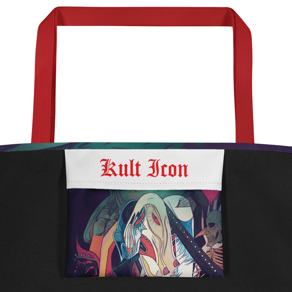Tote bag with colorful design and 'Kult Iron' branding on a white background