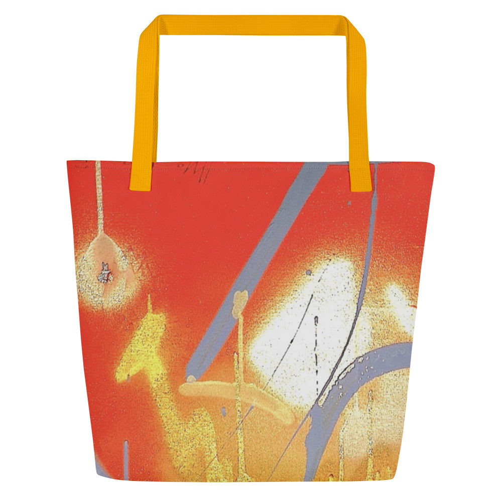 Tote bag with artistic design of a sailboat on a red background