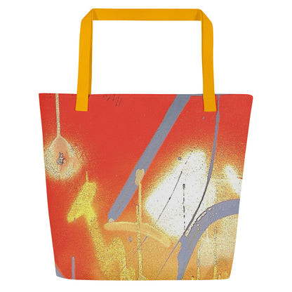 Tote bag with artistic design of a sailboat on a red background