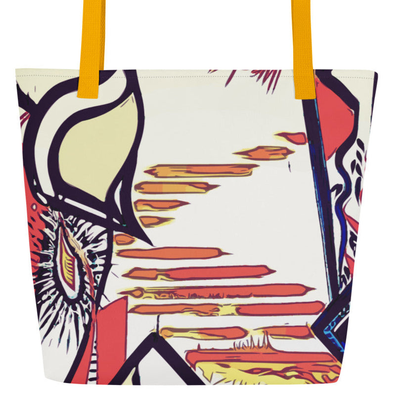 Tote bag with abstract design and yellow handle on a white background