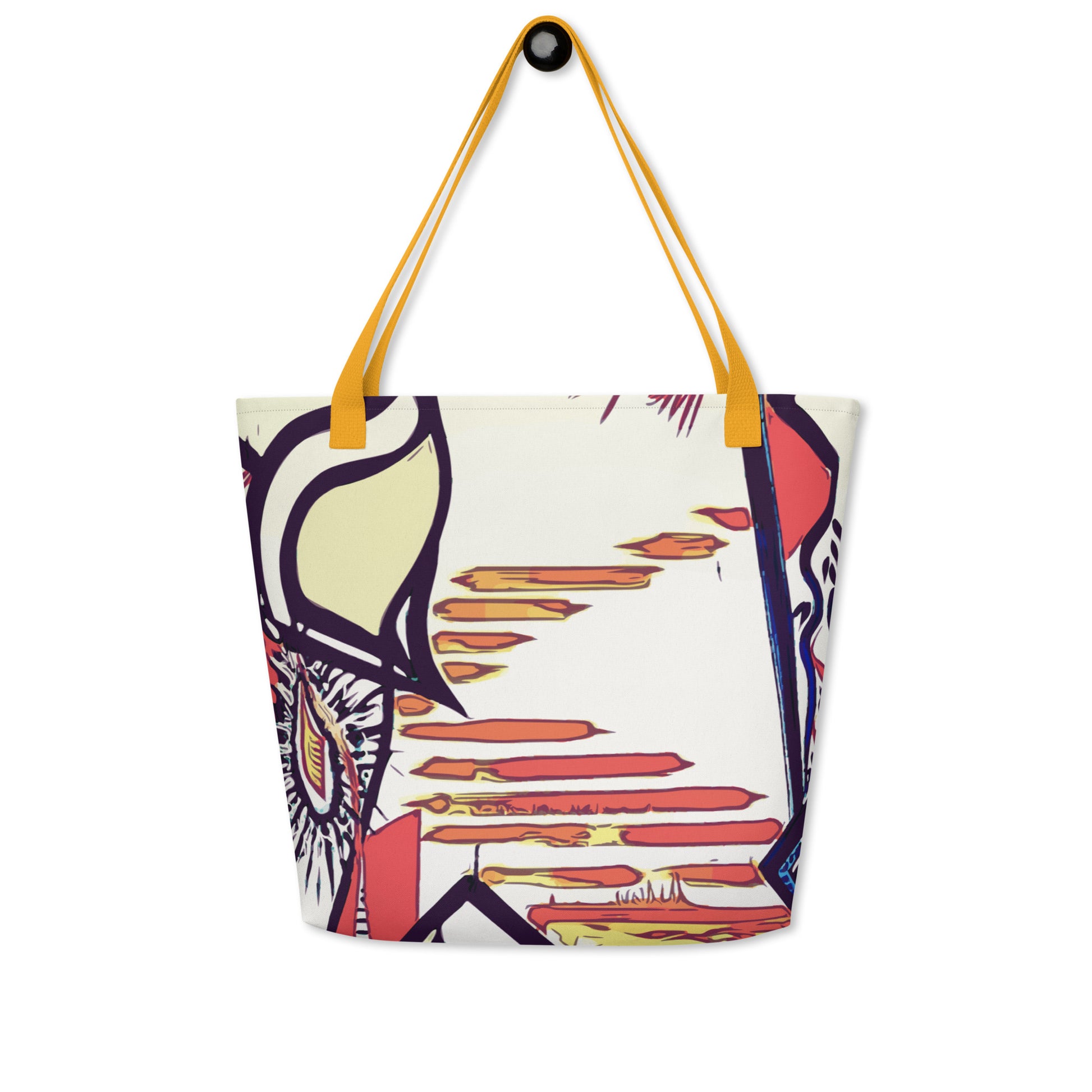 Tote bag with colorful abstract design on a white background