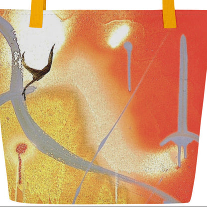 Abstract art piece with orange, yellow, and red colors on a white background