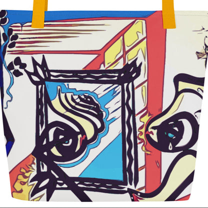 Colorful tote bag with abstract design featuring eyes and a mirror.