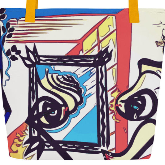 Colorful tote bag with abstract design featuring eyes and a mirror.
