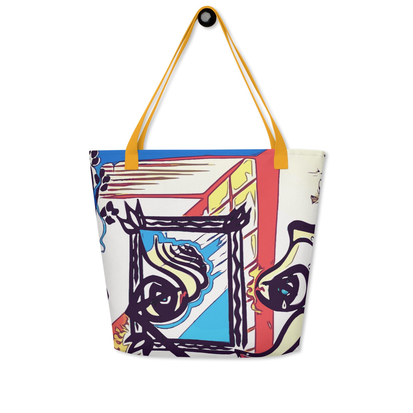 Colorful tote bag with abstract design and yellow handles on a white background
