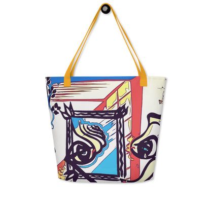 Colorful tote bag with abstract design and yellow handles on a white background