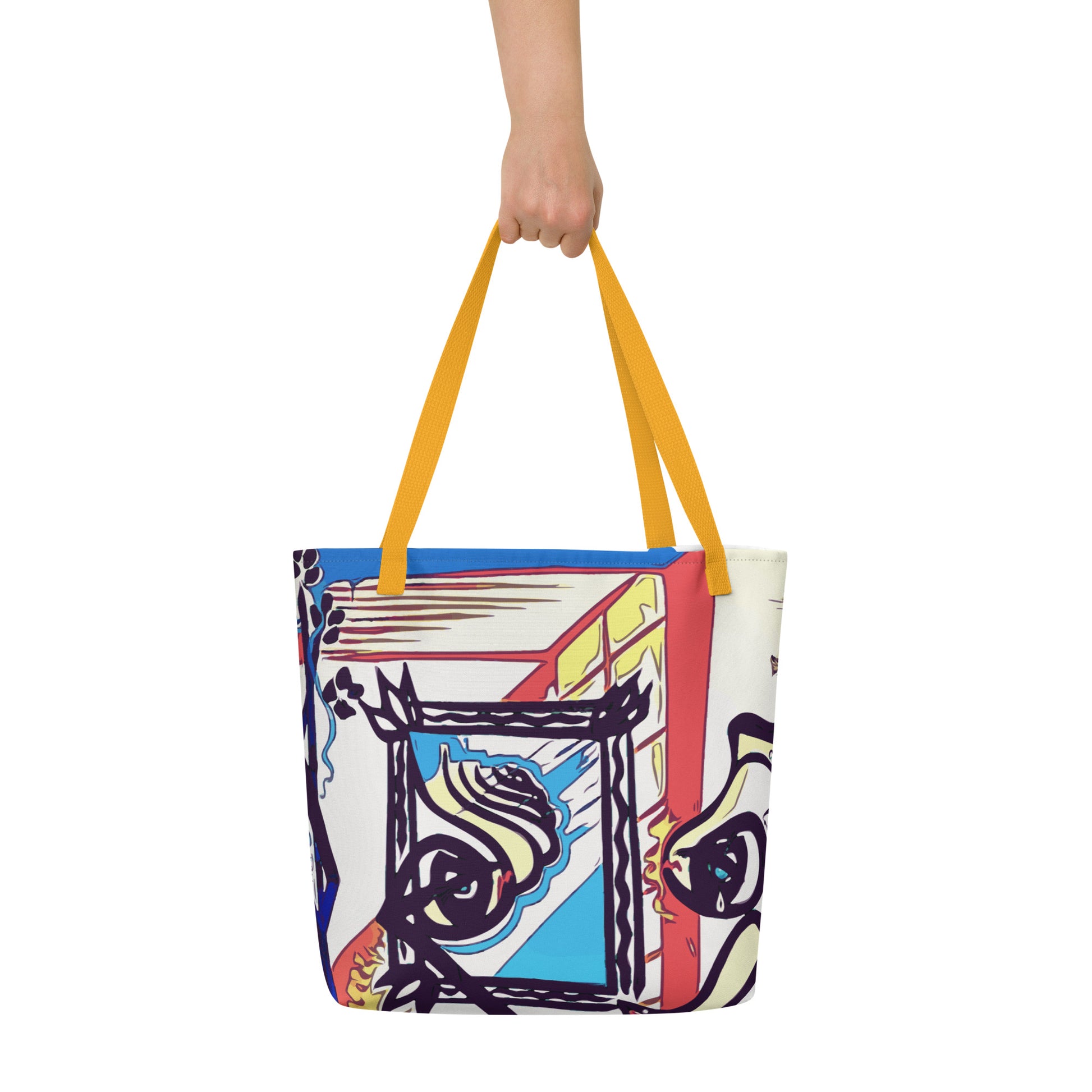 Colorful tote bag with abstract design held by a person on a white background