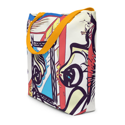 Colorful tote bag with abstract design on a white background