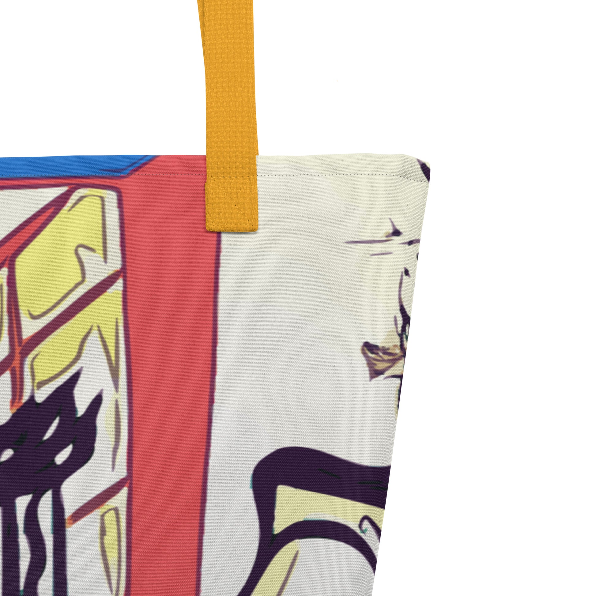 Colorful tote bag with abstract design and yellow handle on a white background