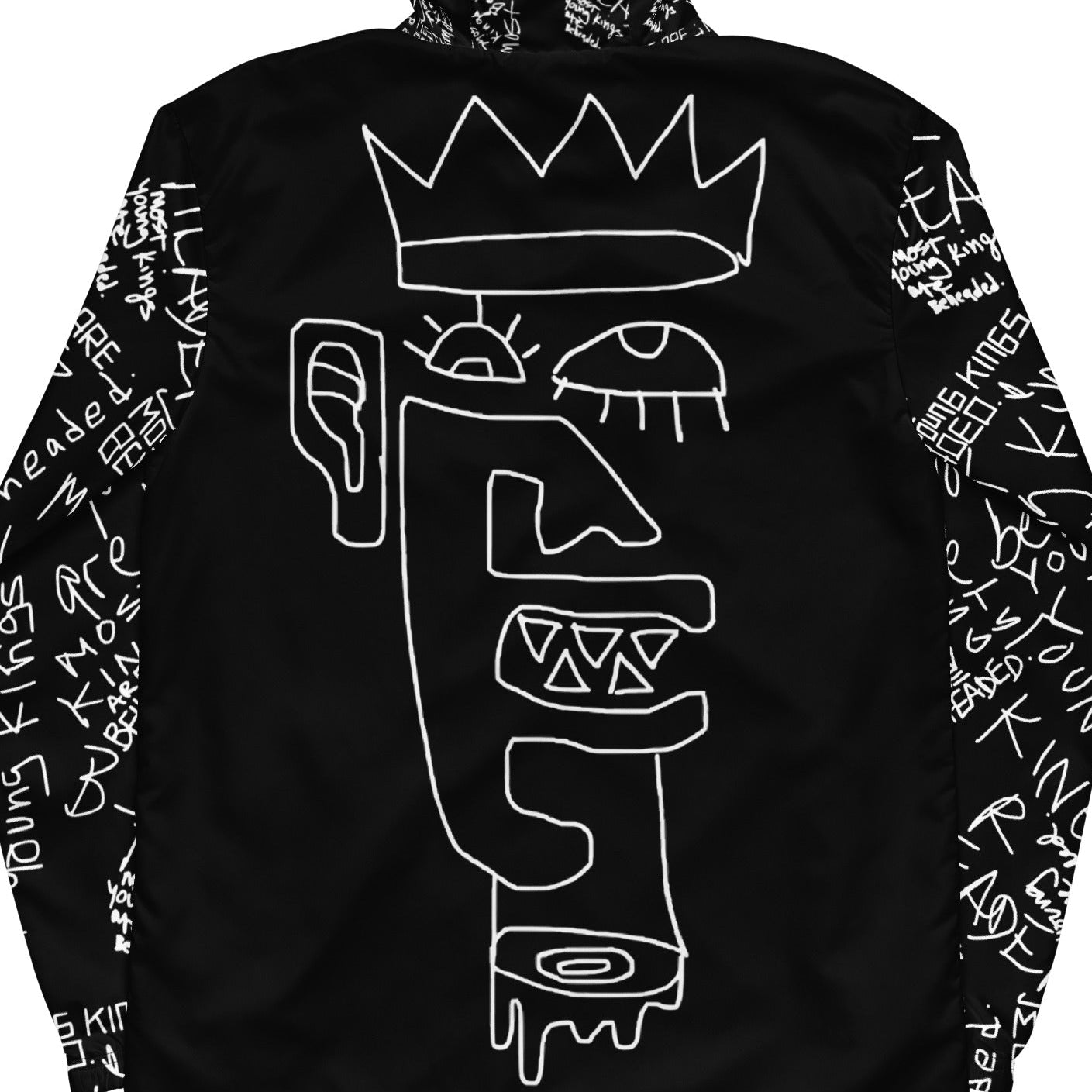 Black jacket with white graphic design on the back