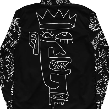 Black jacket with white graphic design on the back