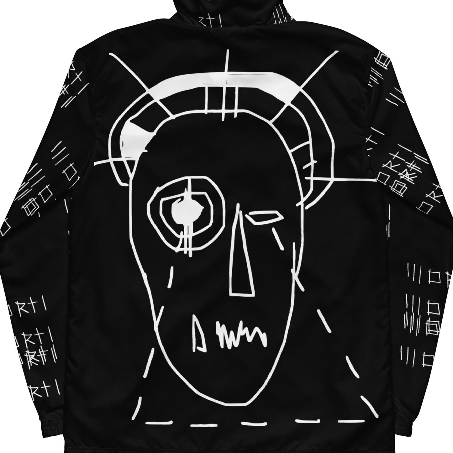 Black hoodie with white abstract face design on a white background