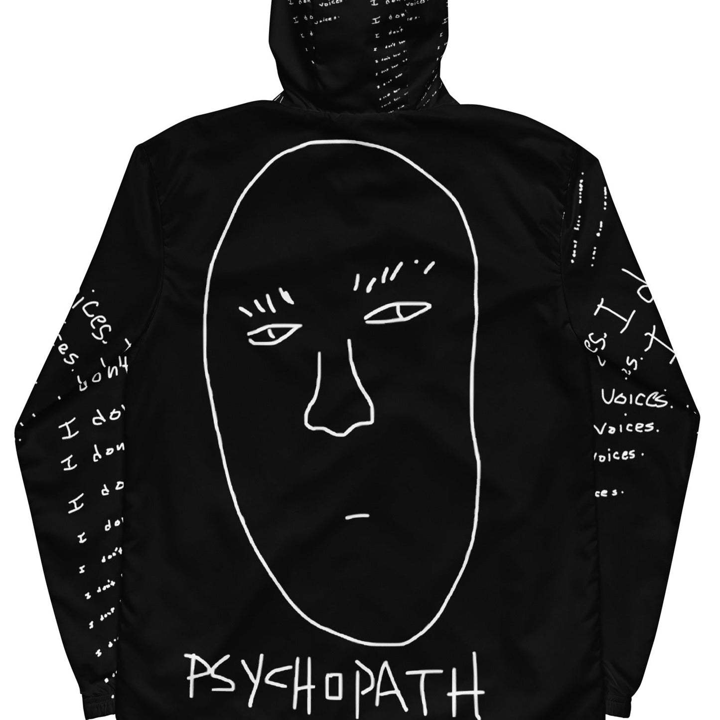 Black hoodie with white face design and text on a white background