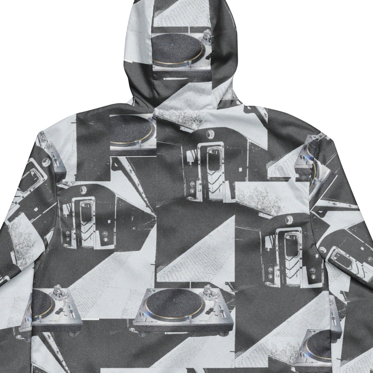 Hoodie with black and white pattern of turntables on a white background