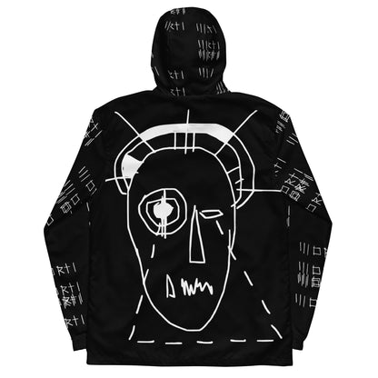 Black hoodie with white abstract face design on a white background